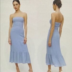 Reformation Blue Arta Strapless Midi Dress In Mineral